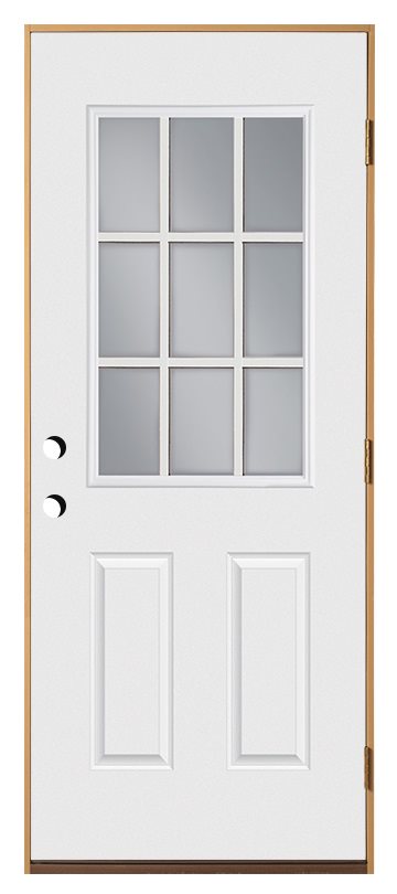 32 in x 80 in, Halfview, 9 Lite External Grille, 2 Panel, Fiberglass, Primed, Exterior Prehung Door, Left Hand, Satin Nickle Hinges, TDI